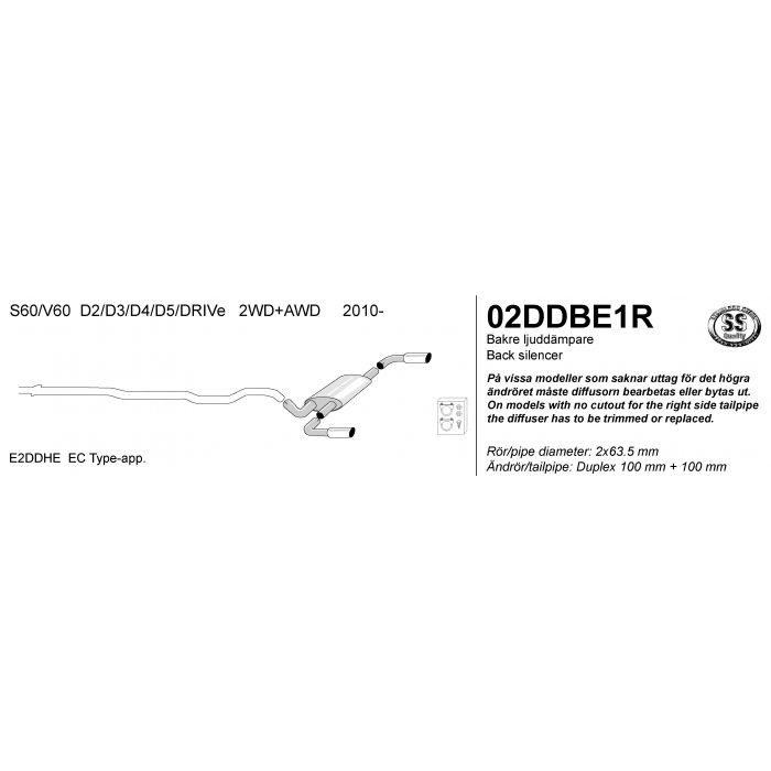 Eksosanlegg sport sats S/V60 D2, D3, D4, D5, DRIVe