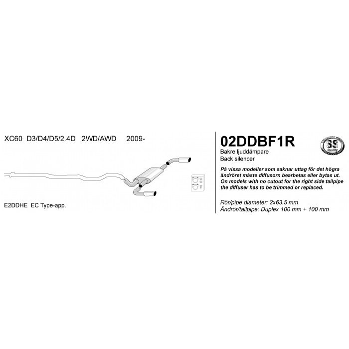 Eksosanlegg sport baksats XC60 D3,D4,D5,2,4D 2wd og 4wd